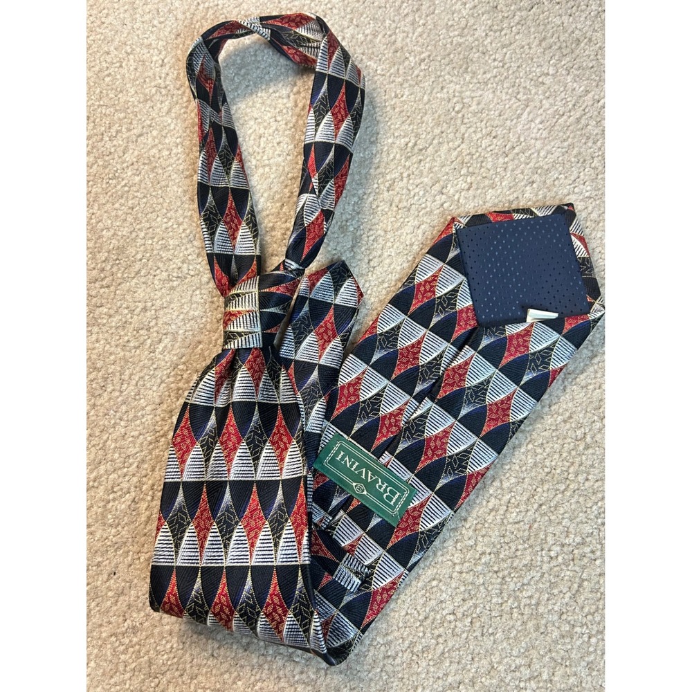 BRAVINI Mens Geometric Pattern Silk Necktie Red Black White‎ Blue Luxury